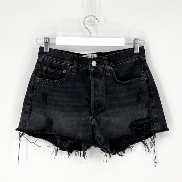 AGOLDE Parker High Rise Distressed Denim Shorts Black Vortex Size 25 - Picture 2 of 5